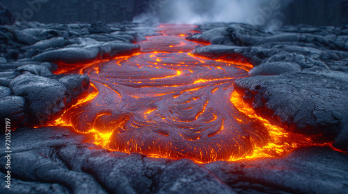 The flickering glare of light on the surface of the lava flow, creating the impression of a living