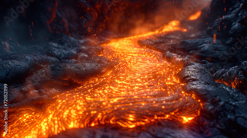 The flickering glare of light on the surface of the lava flow, creating the impression of a livin