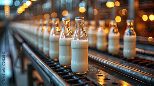 The interior space of the production line of drinks, where glass bottles with milk are located on the convey photo