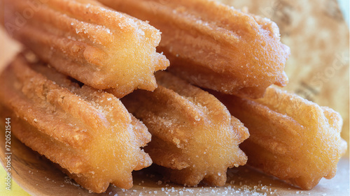 Churros con azucar. Close up view of delicious traditional Spanish sugar churros freshly made to take away in wax paper. Churros wrapped in greaseproof paper ready to eat photo