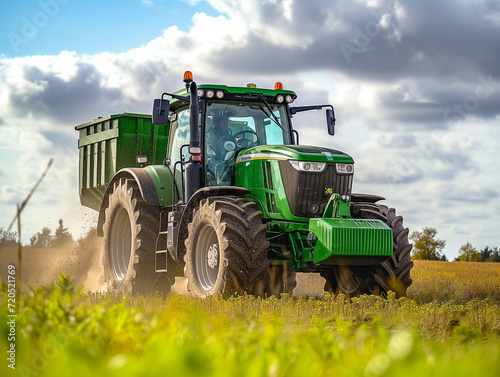 Green tractor cultivating agriculture concept