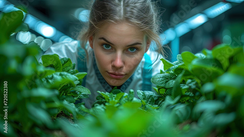 The technologist observes the process of selection and production of spinach at the food indust photo