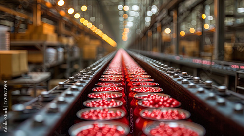 The transportation system in action canned food automatically moves along the conveyor tape at the distribution war