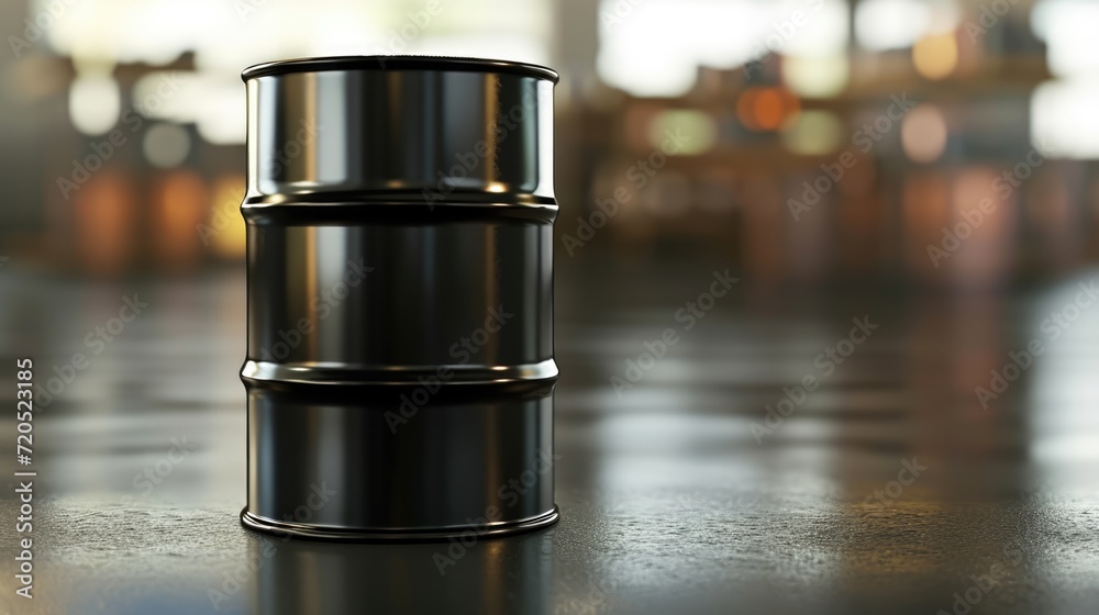 Metal barrel for black oil on blurred background. Chemical storage for petroleum products Metal barrel for black oil on blurred background. Chemical storage for petroleum products
