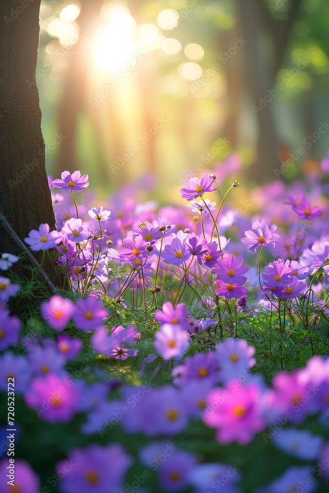 Obraz premium A vibrant field full of purple flowers growing alongside a sturdy tree under a clear blue sky.