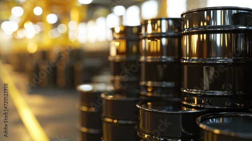 Metal barrel for black oil on blurred background. Chemical storage for petroleum products photo