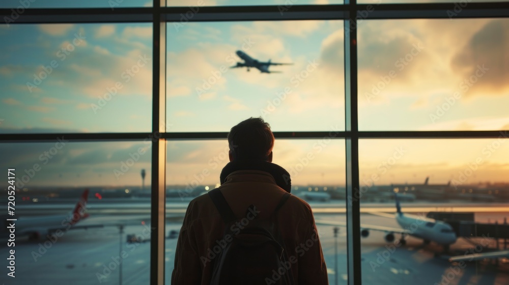 man on his back with a backpack waiting for a plane in a large airport with a background of real planes on the runway