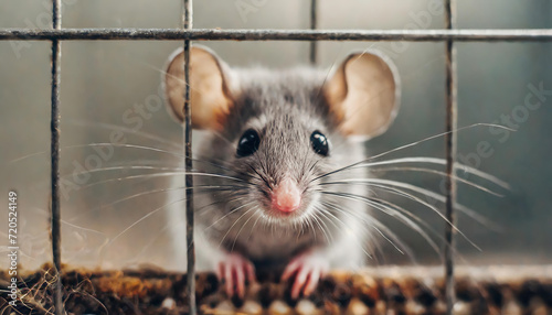 A sad, gray mouse looks sadly from its cage, realistic