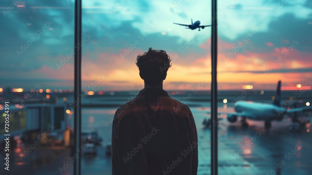 man on his back with a backpack waiting for a plane in a large airport with a background of real planes on the runway in high resolution and quality