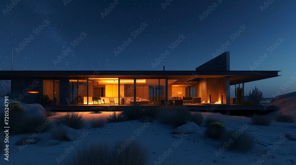 beautiful modern house in the middle of the desert with lights and a beautiful starry sky HD