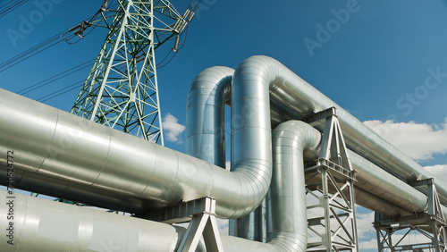 pipeline and power lines against the blue sky