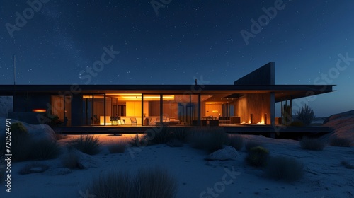 beautiful modern house in the middle of the desert with lights and a beautiful starry sky HD © Marco