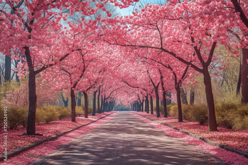 A peaceful tree-lined avenue is adorned with cherry blossoms in full bloom, casting a soft pink hue over the tranquil path.