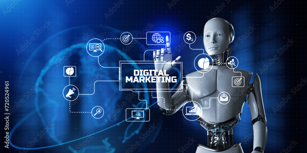 Fototapeta premium Digital marketing automation concept. Robot pressing button on screen 3d render.