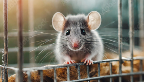 A sad, gray mouse looks sadly from its cage, realistic