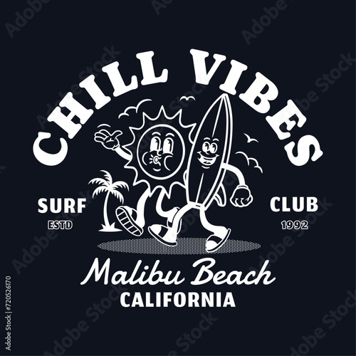 Surfboard and Sun cartoon illustration. Hand-drawn mascot vector graphics for t-shirt prints, posters, and other uses.