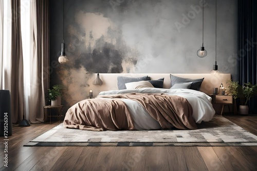 Cozy winter bedroom with glowing old fashioned bed, illuminated by yellow. close up view.