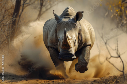 A rhinoceros charges forward, displaying its strength and determination