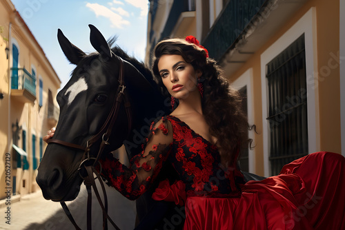 Flamenco woman next to a black horse in the street