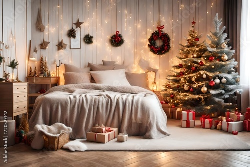 Cozy winter bedroom with glowing old fashioned bed, illuminated by beautifull colour, close up view.