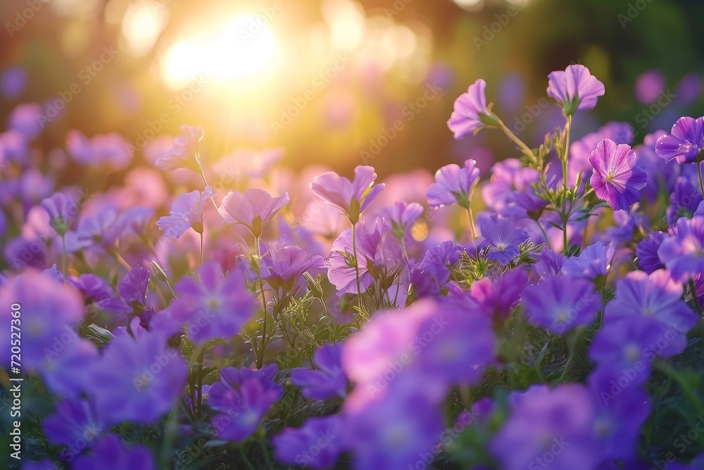A stunning field of purple flowers bathed in sunlight with the sun shining in the background. A stunning field of purple flowers bathed in sunlight with the sun shining in the background.