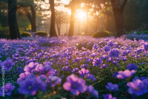 A vibrant field of purple flowers beneath a sunlit canopy of trees.