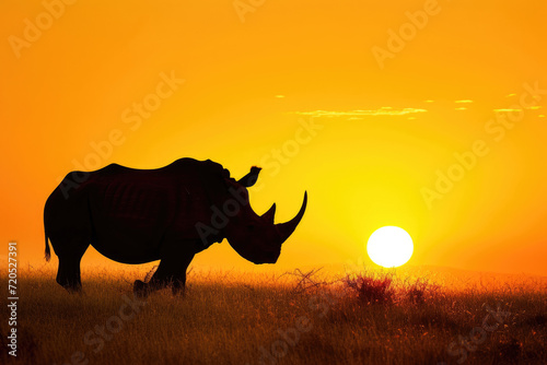 A rhino silhouetted against the golden hues of a sunset