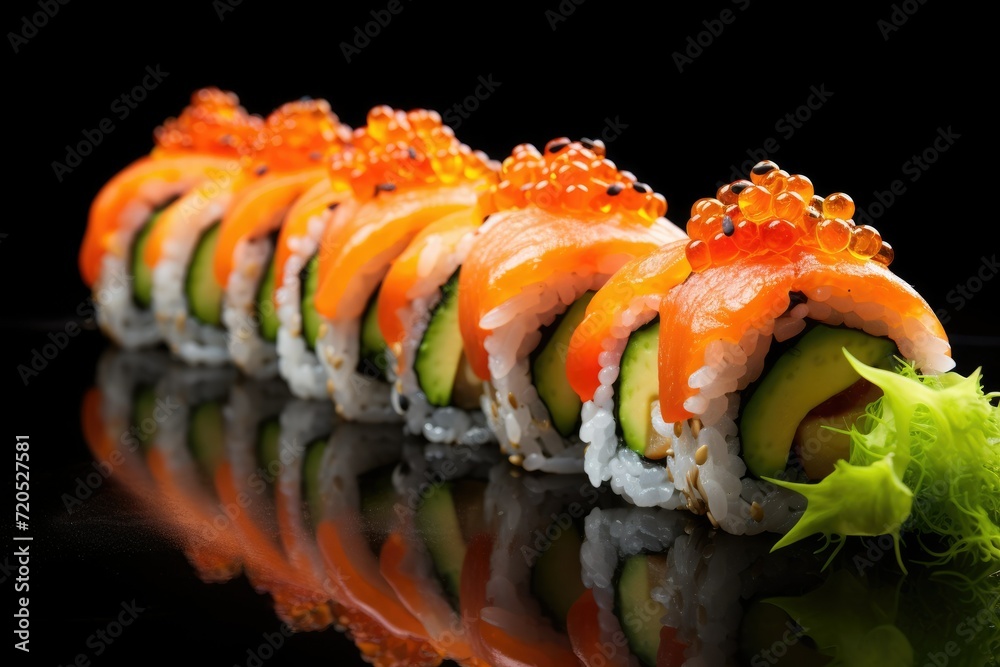 Sushi roll with salmon caviar and cucumber, Artistic recreation of sushi rolls with salmon and white rice with a punctual light, Ai generated Sushi roll with salmon caviar and cucumber, Artistic recreation of sushi rolls with salmon and white rice with a punctual light, Ai generated