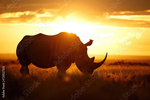 A rhino silhouetted against the golden hues of a sunset