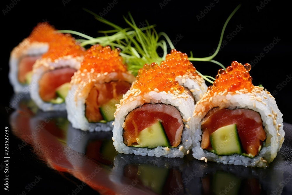 sushi salmon Sushi rolls with salmon, avocado, cucumber and sesame seeds, Artistic recreation of sushi rolls with salmon and white rice with a punctual light, Ai generated sushi salmon Sushi rolls with salmon, avocado, cucumber and sesame seeds, Artistic recreation of sushi rolls with salmon and white rice with a punctual light, Ai generated