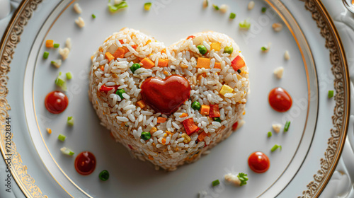 Heart-Shaped Vegetable Rice on White Plate.Heart-shaped vegetable rice with peas, carrots, and corn served on an elegant white plate with a golden rim, perfect for a healthy meal.