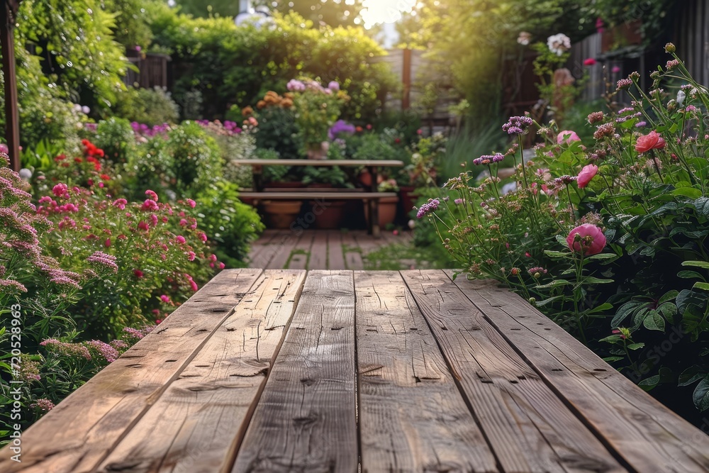 A wooden table adorned with an arrangement of flowers and surrounded by lush greenery in a natural outdoor setting. A wooden table adorned with an arrangement of flowers and surrounded by lush greenery in a natural outdoor setting.
