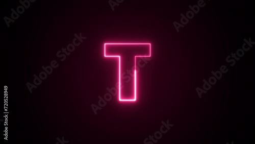 Animated neon light pink color slphabet T, neon glowing symbol on black background