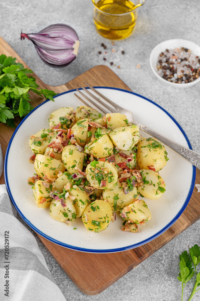 Warm potato salad with bacon, onion, fresh herbs and vinegar dressing in a bowl on a gray concrete background. German Kartoffelsalat. Warm potato salad with bacon, onion, fresh herbs and vinegar dressing in a bowl on a gray concrete background. German Kartoffelsalat.