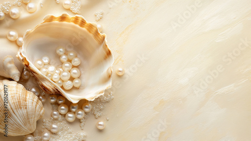 Seashell with pearls on a sandy background. Luxury and jewellery concept with place for text for design and print