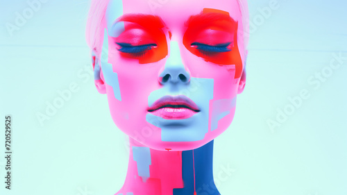 A surreal portrait of a woman with a segmented and colorful digital art face, evoking a futuristic and abstract aesthetic.Fashion concept. AI generated.
