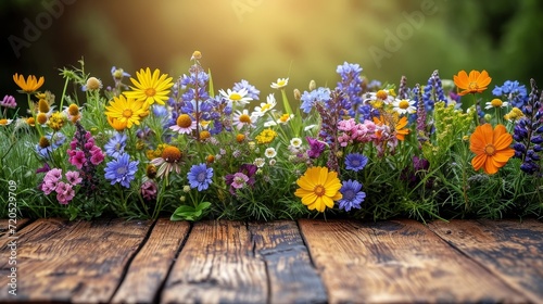 A wooden table is adorned with an array of vibrant flowers, creating a burst of color.
