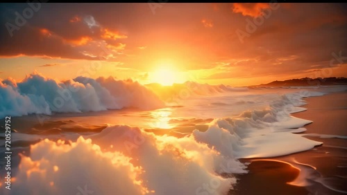 beautiful sunset panorama on the beach with cloud sky and  water waves photo