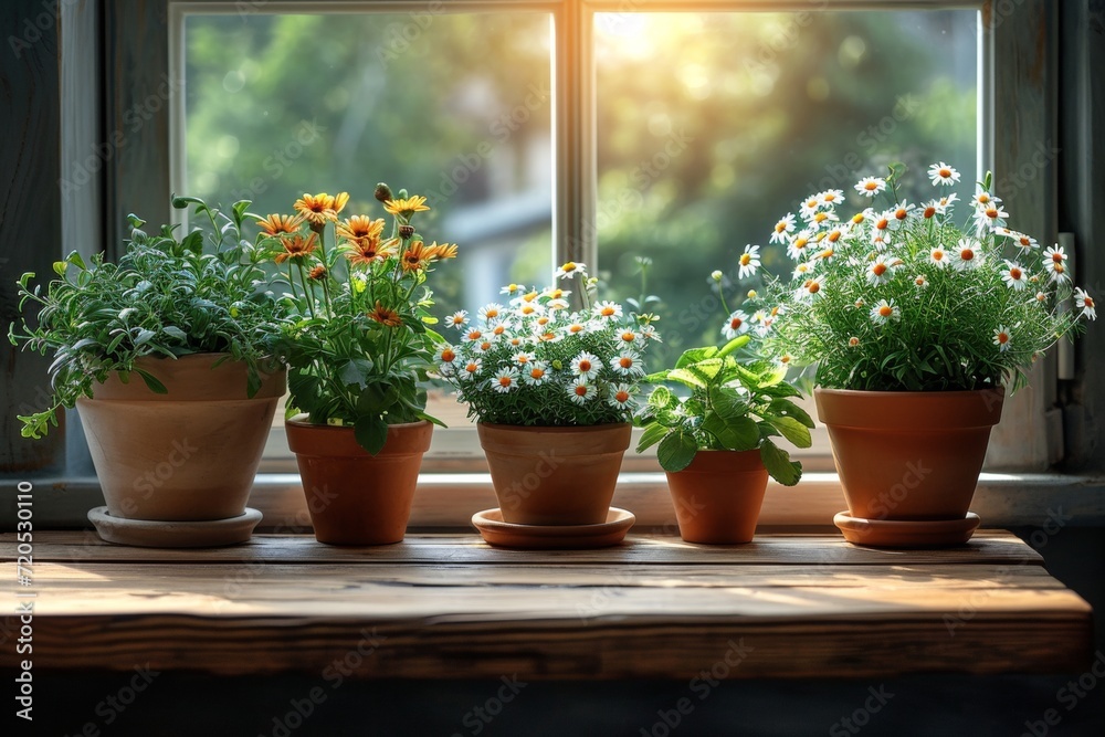 A collection of potted plants arranged on top of a window sill.