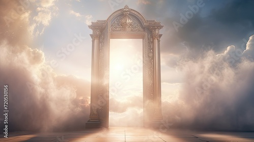 Heaven door. Paradise holy gate, spiritual religion architecture. Bright light at sky. Next life and sunshine. Concept of afterlife and faith. AI Generated
