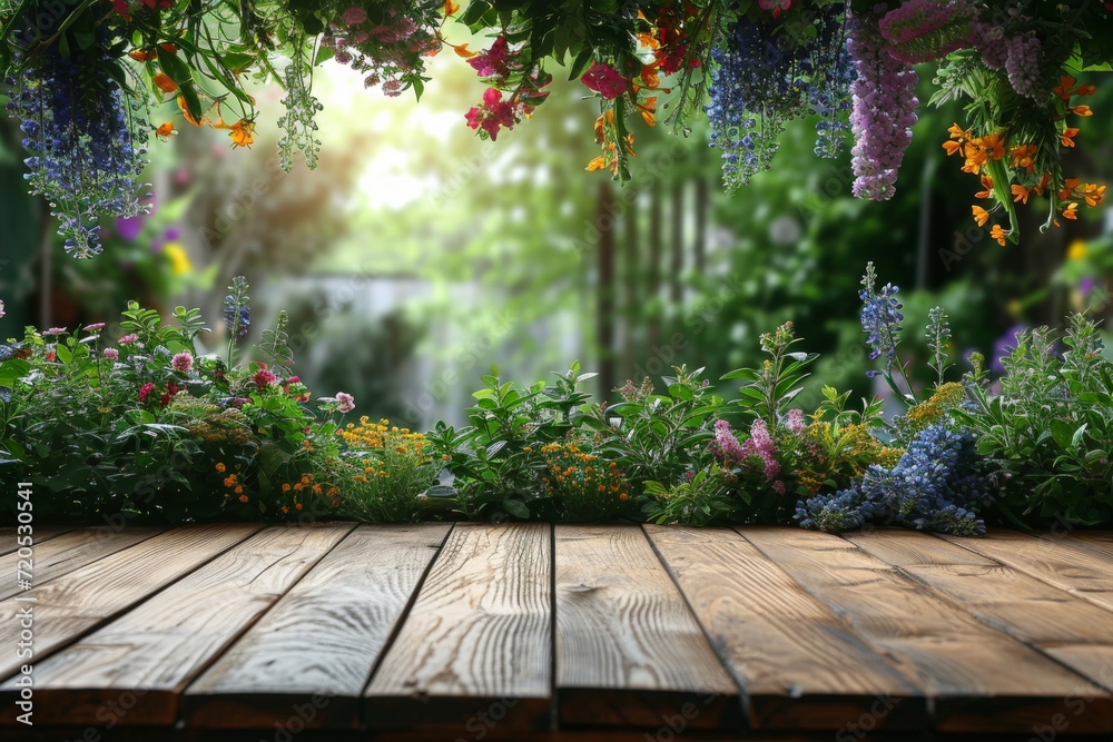 A wooden table adorned with vibrant flowers and surrounded by lush greenery. A wooden table adorned with vibrant flowers and surrounded by lush greenery.