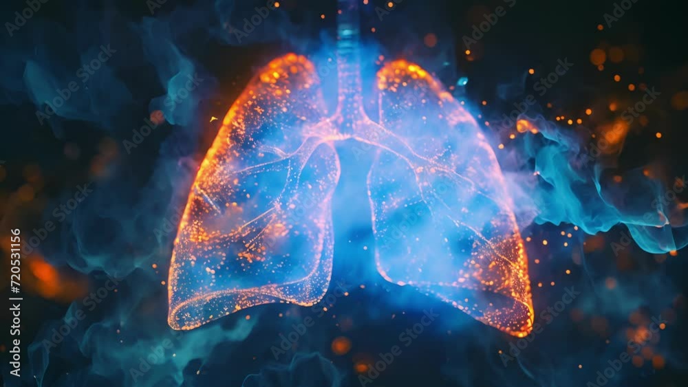 A holographic simulation of the effects of chronic obstructive pulmonary disease COPD on the lungs showcasing the narrowing of airways and difficulty breathing.