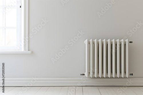 White radiator in an apartment. Modern radiator at home.  photo