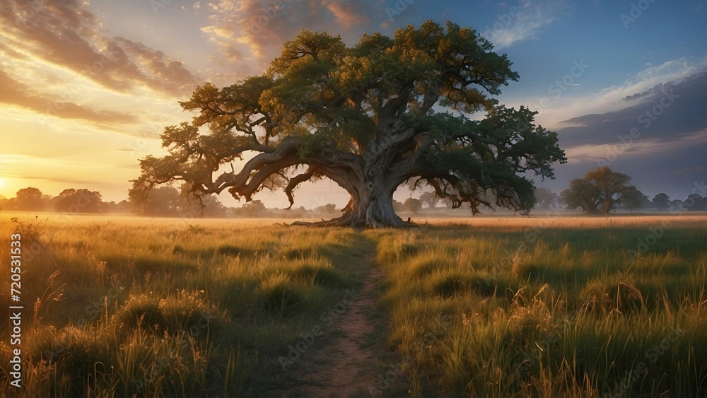 Epic big old oak tree and a path leading to it in a fantasy sunset background Epic big old oak tree and a path leading to it in a fantasy sunset background