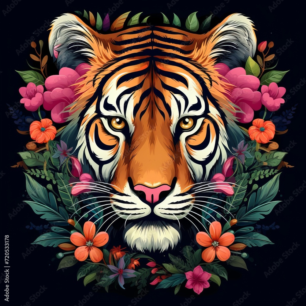 Tiger Head Animal God Bright Artistic Fantasy Mystique Portrait Digital Generated Mandala Illustration