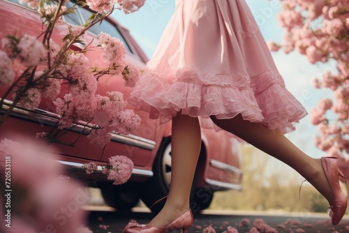 Slim legs woman in pink dress sitting in pink car decorated with a lot of pink flowers. Stylish beauty concept. Playful femininity. Glamorous spring elegance. Real photography, 8k
