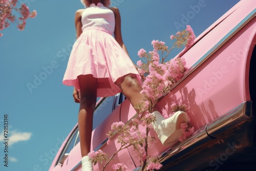 Slim legs woman in pink dress sitting in pink car decorated with a lot of pink flowers. Stylish beauty concept. Playful femininity. Glamorous spring elegance. Real photography, 8k