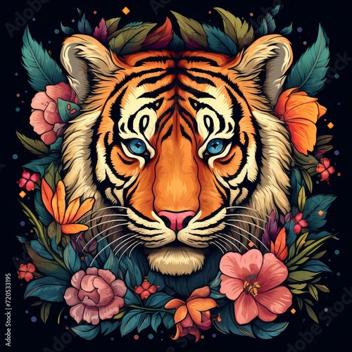 Tiger Head Animal God Bright Artistic Fantasy Mystique Portrait Digital Generated Mandala Illustration