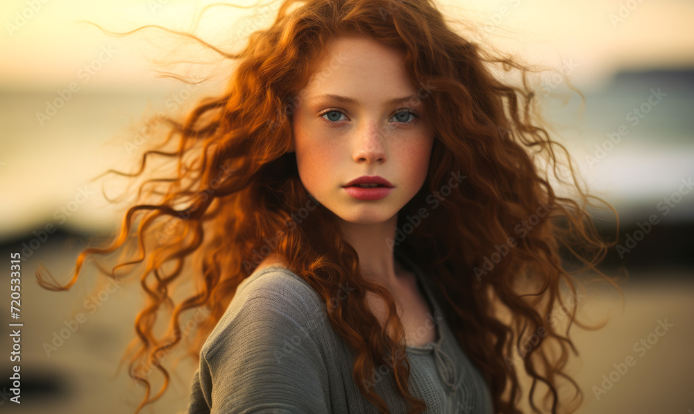 Dreamy young girl with flowing curly red hair and serene expression standing on a beach with ocean backdrop at twilight