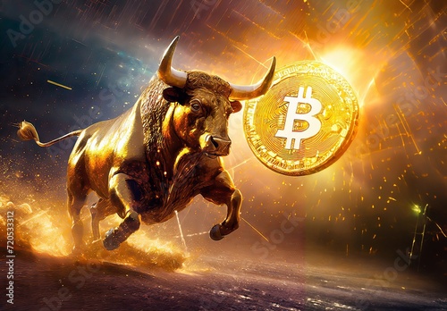 Bitcoin bull charging concept illustration. 